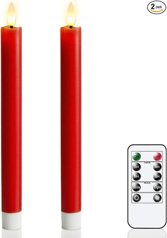 GenSwin Flameless Taper Candles with 10-Key Remote Timer, Set of 2 Red Real Wax LED Taper Candles Battery Operated, Flameless Candlesticks with 3D Wick for Halloween Christmas Decor(0.78” x 9.6”)