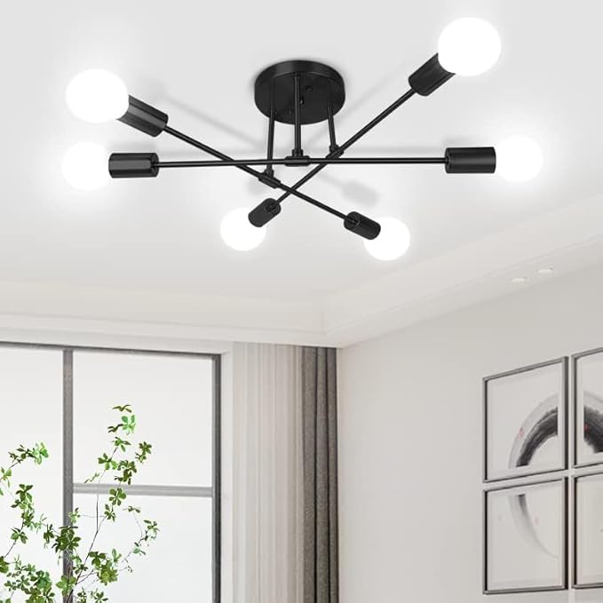 CANMEIJIA Modern Sputnik Chandelier Ceiling Light Fixture with 6 Lights Black Mid Century Ceiling Mount Lights Fixture for Bedroom, Dining Room, Living Room, Kitchen, E26 Base, Bulbs Not Included
