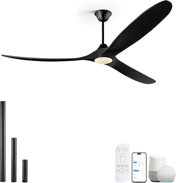 82 Inch Large Smart Ceiling Fans with Light, Black Wood Ceiling Fan with Remote/Alexa/App Control, 3 Propeller High CFM Modern DC Ceiling Fan for Living Room Outdoor Patio Commercial Shop