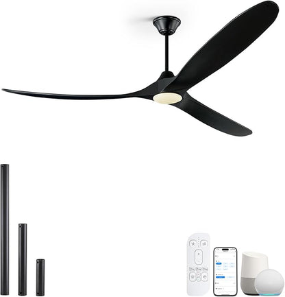 82 Inch Large Smart Ceiling Fans with Light, Black Wood Ceiling Fan with Remote/Alexa/App Control, 3 Propeller High CFM Modern DC Ceiling Fan for Living Room Outdoor Patio Commercial Shop