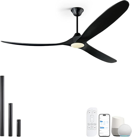 82 Inch Large Smart Ceiling Fans with Light, Black Wood Ceiling Fan with Remote/Alexa/App Control, 3 Propeller High CFM Modern DC Ceiling Fan for Living Room Outdoor Patio Commercial Shop