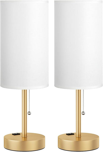 Fenmzee Plus Gold Bedside Lamps Set of 2-3 Color Temperatures Pull Chain Lamp with AC Outlet Charging Port, Round Night Stand Lamps for Bedroom, Bed Side Light with E26 LED Bulbs