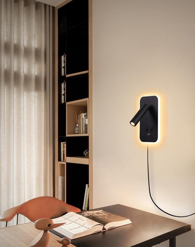 Wall Mounted LED Reading Light for Bed Headboard, Bedside Wall Sconces USB Charging, Night Light for Bedroom, Ambient Lighting Wall Mounted Sconce for Bedroom, Plug-in or Hardwired, Black