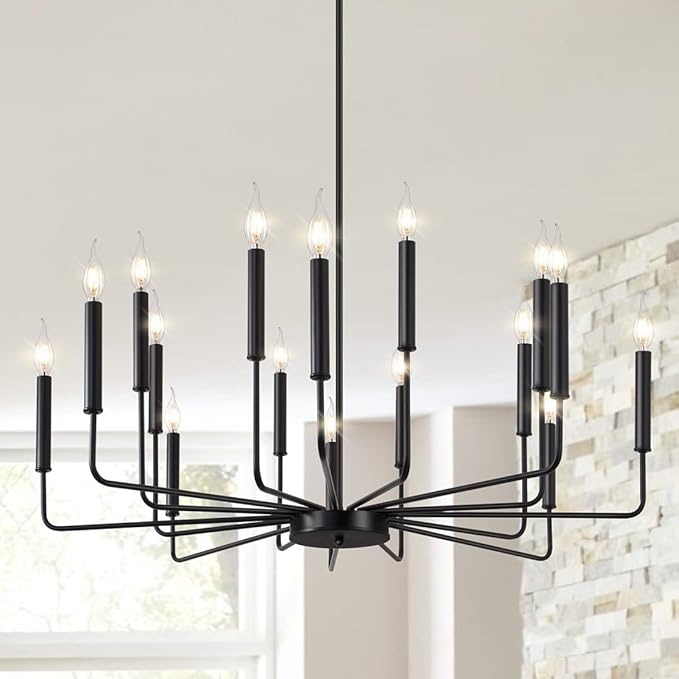 Yiisem Modern Farmhouse Black Chandelier, 16-Light Rustic Candle Chandelier, Industrial Hanging Chandeliers for Dining Room, Living Room, Kitchen, Foyer, Entryway