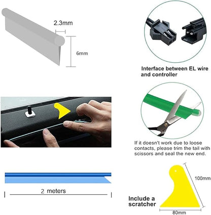 El Wire Blue Interior Car LED Strip Lights, 2M Neon Wire USB 5V with Fuse Protection for Automotive Interior Decoration, with 6mm Sewing Edge