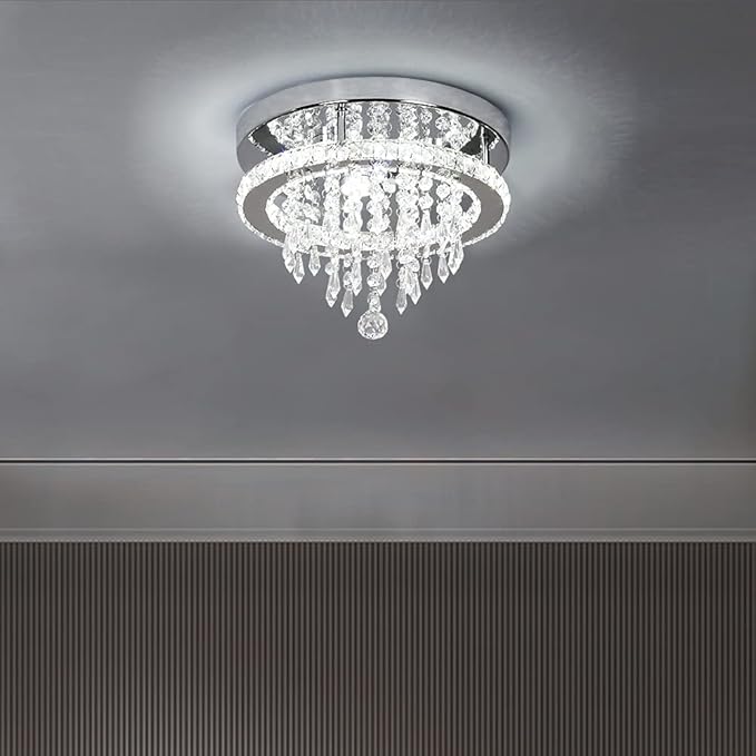 Deckrico Modern K9 Crystal Chandelier 3 LED Lights Stainless Steel Pendant Lamp Flush Mount Light Fixtures for Dining Room Bathroom Bedroom Living Room (Cool White)