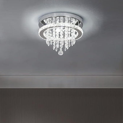 Deckrico Modern K9 Crystal Chandelier 3 LED Lights Stainless Steel Pendant Lamp Flush Mount Light Fixtures for Dining Room Bathroom Bedroom Living Room (Cool White)