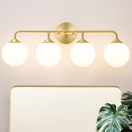 Modern Brushed Brass Bathroom Light Fixtures, Elegant Gold 4-Lights Vanity Light Fixtures, Milky White Globe Glass Shade Vanity Light over Mirror, Wall Sconces for Bathroom Dressing Table Bedroom