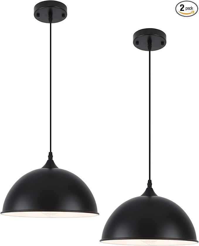 Black Pendant Lights Kitchen Island 2 Pack, 11.8" Farmhouse Dome Pendant Light, Adjustable Height Island Pendant Lights for Dining Room Bedroom