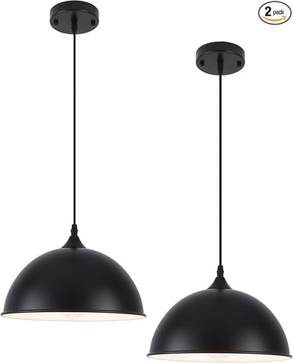 Black Pendant Lights Kitchen Island 2 Pack, 11.8" Farmhouse Dome Pendant Light, Adjustable Height Island Pendant Lights for Dining Room Bedroom