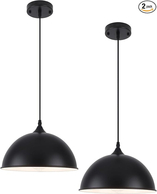 Black Pendant Lights Kitchen Island 2 Pack, 11.8" Farmhouse Dome Pendant Light, Adjustable Height Island Pendant Lights for Dining Room Bedroom