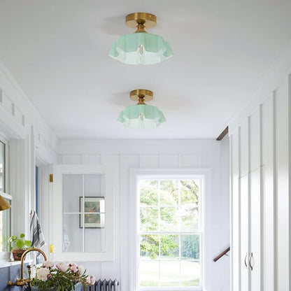DSMJFU Brass Semi Flush Mount Ceiling Light, Cute Small Green Glass Flush Mount Ceiling Light, Porch Bathroom Lighting Fixtures with Flower Shape Glass for Closet Hallway Entryway