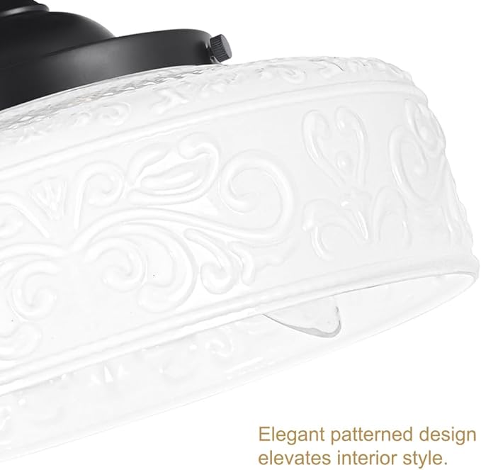 Daunton Black Semi Flush Mount Ceiling Light with Hand-Carved Design - 12 Inch Vintage White Glass Shade with Etched Patterns, Easy Install 3-Light Fixture for Hallway, Kitchen, Bedroom