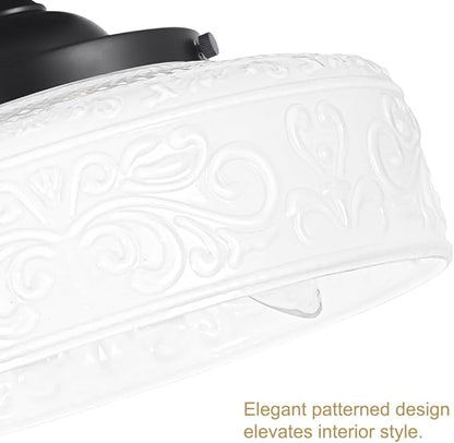 Daunton Black Semi Flush Mount Ceiling Light with Hand-Carved Design - 12 Inch Vintage White Glass Shade with Etched Patterns, Easy Install 3-Light Fixture for Hallway, Kitchen, Bedroom