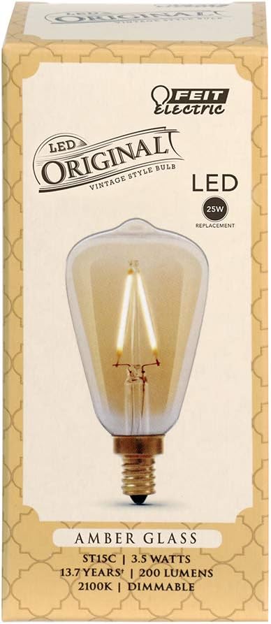 Feit Electric Vintage Exposed Filament Amber Glass LED ST15 with a Candelabra E12 Base Light Bulb - 25W Equivalent - 10 Year Life - 200 Lumen - 2100K Soft White - Dimmable | Original Vintage