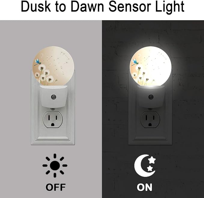 Dandelion Dragonfly Plug in Night Light Auto Light Round Lamps Energy Saving Gift for Women Men Friends