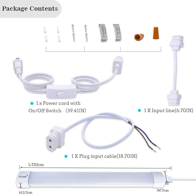 Airand LED Shop Light Fixture 4FT Plug in Ceiling Lights Linkable LED Tube Light 5000K Plug in Light Fixture for Bathroom Garage Overhead with ON/Off Switch
