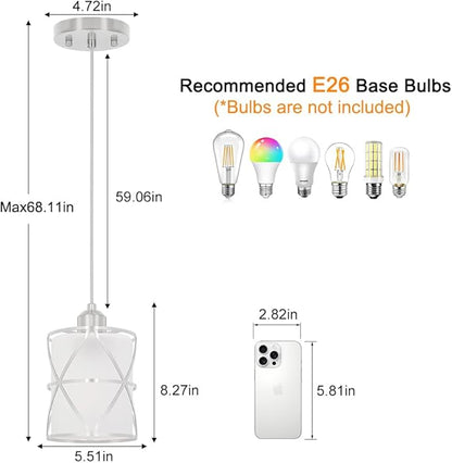 2 Pack Brushed Nickel Pendant Lights for Kitchen Island, Pendant Lights Kitchen Island with 5.51in Frosted Glass Shade, Adjustable Modern Hanging Lights - 59.06 Inch Cord for Dining Room, Entryway
