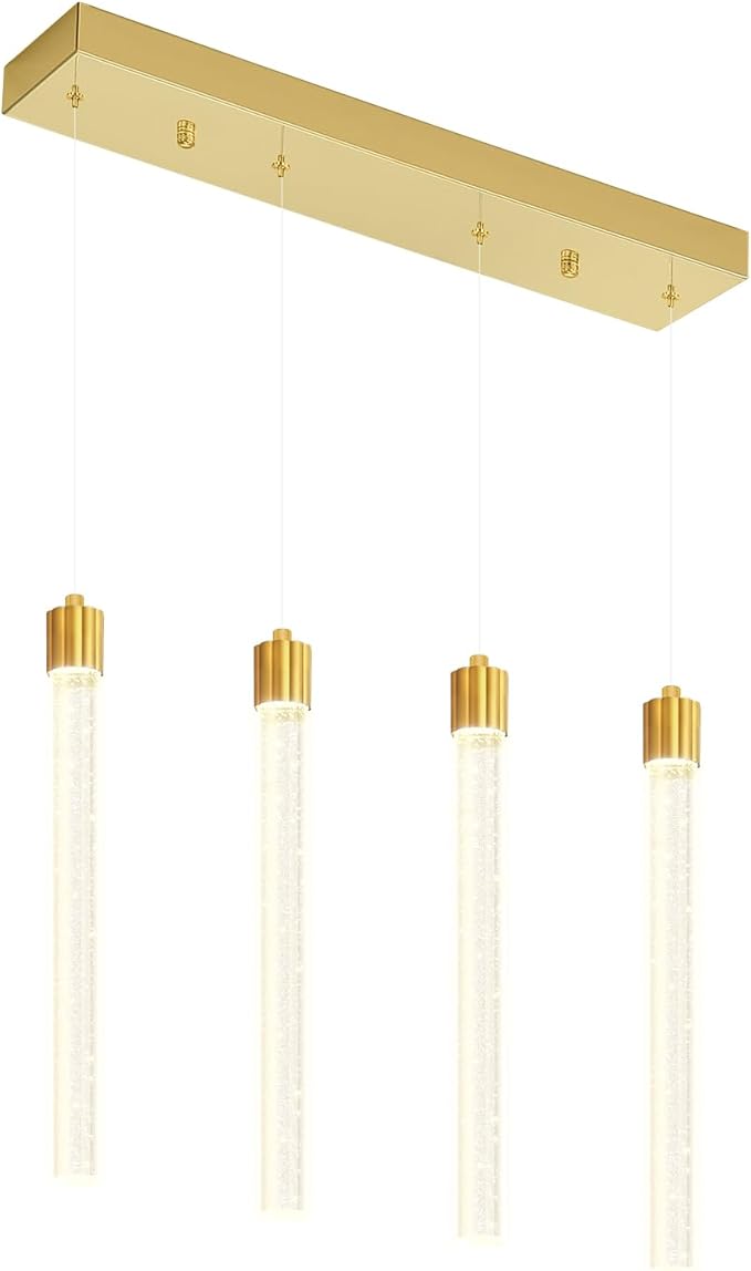 Modern Crystal Column Chandelier for Living Room Dining Room 4-Lights Gold Dimmable LED Adjustable Height Hanging Pendant Light for Kitchen Island,Bedroom,Over Table,