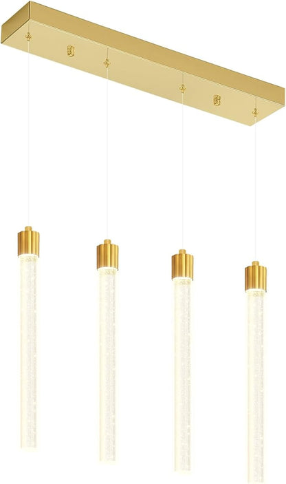 Modern Crystal Column Chandelier for Living Room Dining Room 4-Lights Gold Dimmable LED Adjustable Height Hanging Pendant Light for Kitchen Island,Bedroom,Over Table,