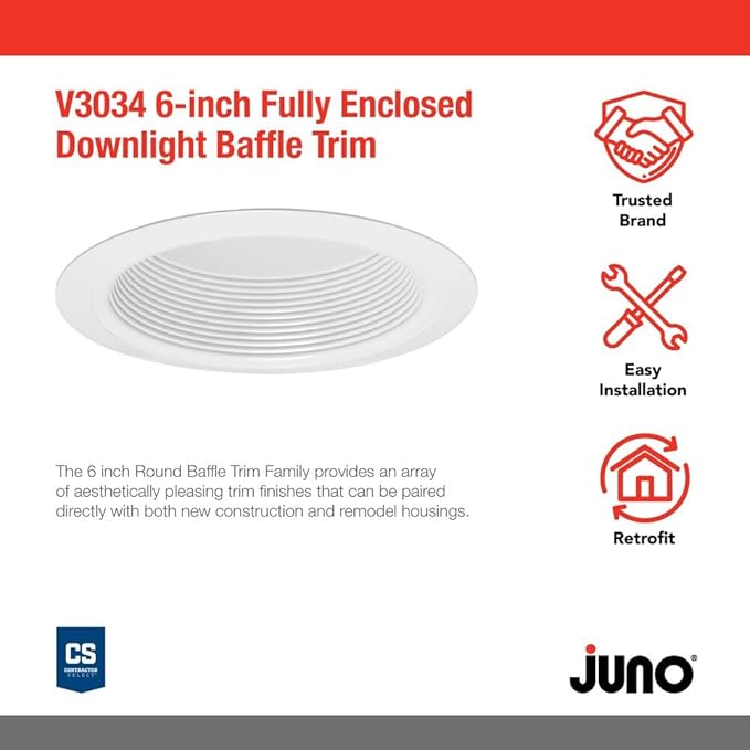 Juno VuLite 6" Recessed Light Trim, Air-Loc and Wet Rated Recessed Lighting Trim for New Construction and Remodel, Fully Enclosed Downlight Baffle Trim, Fits IC23, IC22, IC22R Can Light Housings