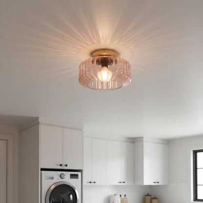 Pink Ribbed Glass Flush Mount Ceiling Light, 8.66" Modern Gold Semi-Flush Mount Light Fixture, Mid-Century Round Ceiling Lamp with E26 Base for Bedroom Bathroom Hallway
