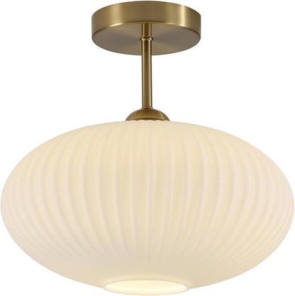 Mid Century Modern Brass Semi Flush Mount Ceiling Light Small Ribbed Milk Glass Flush Mount Ceiling Light Gold and White Flush Mount Light Vintage Hallway Lighting Fixtures