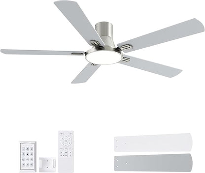 SNJ 60 Inch Brushed Nickel Ceiling Fans with Lights and Remote,Flush Mount Low Profile 5 Blades Ceiling Fan,Dimmable Quiet Reversible DC Motor for,Living Room,Bedroom and Patio