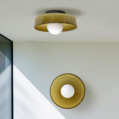 Mid Century Orange Glass Semi Flush Mount Ceiling Light with Milk Globe Nordic Modern Green Hallway Lighting Fixtures Round Bedside Wall Mount Lamp for Bedroom Cloakroom Stairway