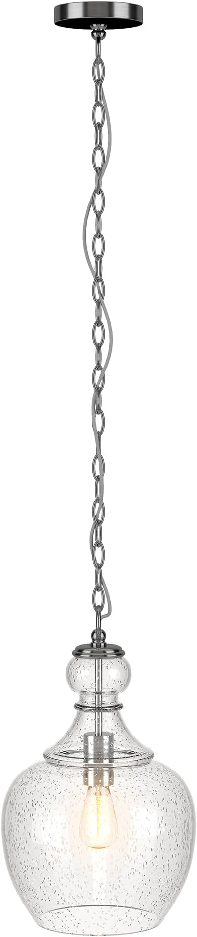 Henn&Hart 11" Mid-Century Modern Pendant Light Fixture with Seeded Glass Dome Shade and 6' Adjustable Cord for Kitchen Island, Dining Room or Game Room, Brushed Silver