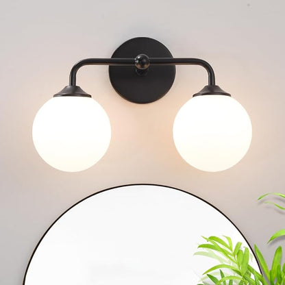 Industrial Matte Black 2-Lights Bathroom Light Fixtures, Vanity Wall Sconce Lighting with Milky White Glass Shade, Modern Bathroom Vanity Lighting, Wall Sconces over Mirror Dressing Table Bedroom