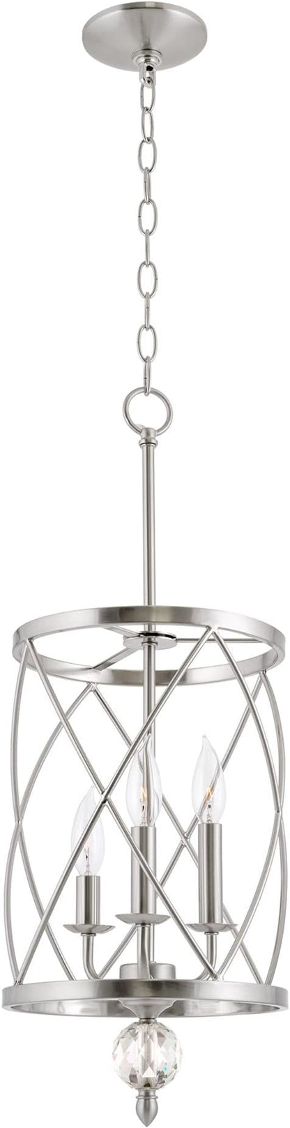Kira Home Eleanor 27" Modern 3-Light Geometric Lantern Chandelier, Cylinder Trellis Cage Pendant Light with Crystal Finial, Brushed Nickel Finish