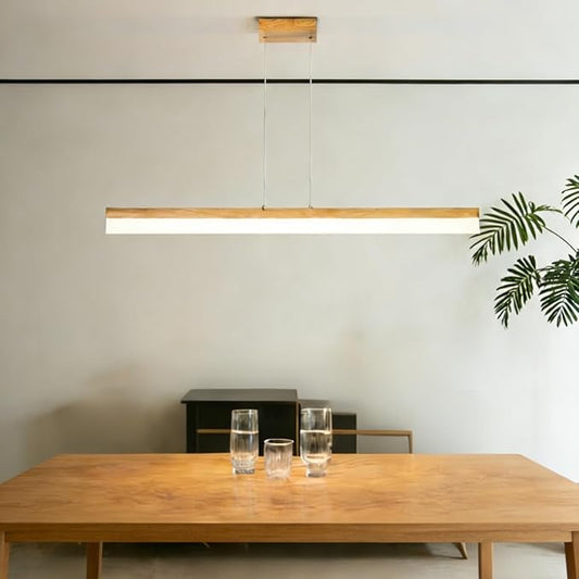 Modern LED Linear Pendant Light Dimmable LED Chandelier 39” Woodgrain Dining Room Light Adjustable Height Ceiling Hanging Light 3000K Island Light for Dinning Room Kitchen