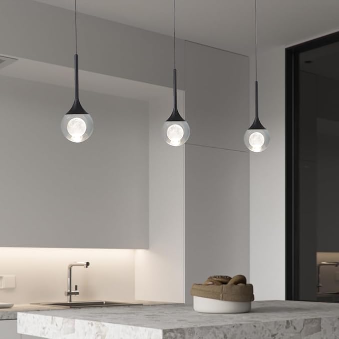 2 Pack Modern Crystal Moon Pendant Lights, Dimmable Natural White (3000K) LED Black Hanging Light Fixture for Kitchen Island, Dining Room, Bar, Bedroom
