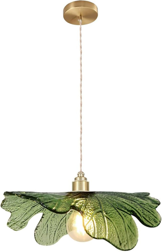 15.7" Green Glass Floral Ceiling Pendant Light Mid Century Large Hanging Light Gold Adjustable Cord Single Pendant for Kitchen Living Room Dining Table, Flower Petal Lighting