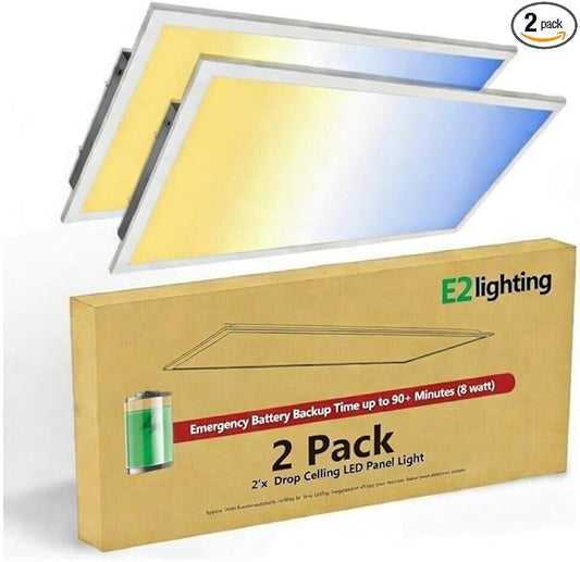 E2 LIGHTING 2 Pack 2X4 LED Flat Panel Light with Emergency Battery Backup 30W-40W-50W Wattage Selectable 3500K-4000K-5000K