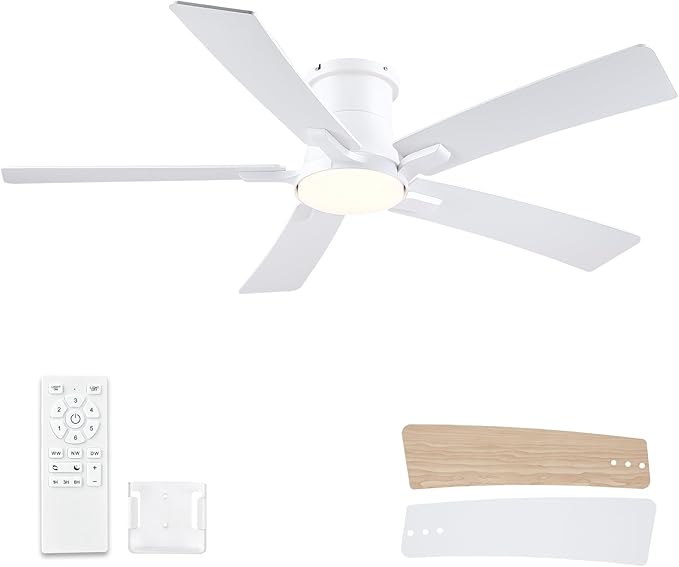 52 Inch Ceiling Fans with Lights and Remote, White Low Profile Ceiling Fan, Flush Mount Style with 5 Blades, For Indoor Bedroom Living Room/Outdoor, 6 Speed Reversible DC Motor, 3CCT Dimmable LED