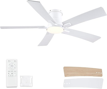 52 Inch Ceiling Fans with Lights and Remote, White Low Profile Ceiling Fan, Flush Mount Style with 5 Blades, For Indoor Bedroom Living Room/Outdoor, 6 Speed Reversible DC Motor, 3CCT Dimmable LED