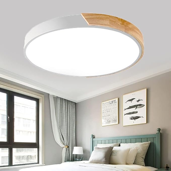 LED Ceiling Light Fixture,10 Inch Modern Wood Recessed Ceiling Lights, Dimmable Light,12W White Close to Ceiling Lighting Flush Mount Living Room Bedroom,3000K-6000K
