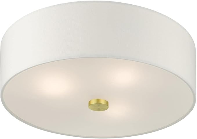 Livex Lighting 51054-12 Meridian Collection 3-Light Semi Flush Mount Ceiling Light with Off-White Hardback Fabric Shade, Satin Brass