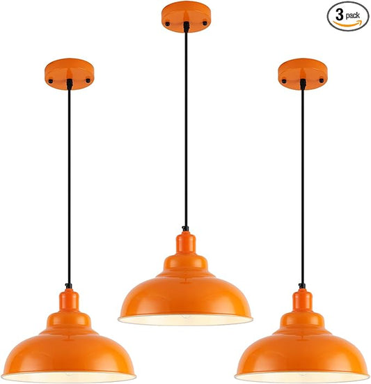 Orange Pendant Light 3 Pack, Farmhouse Pendant Lights Kitchen Island, 11.4’’ Industrial Metal Pendant Light Fixtures, Pendant Lighting for Dining Room Hallway Bar, Adjustable Height
