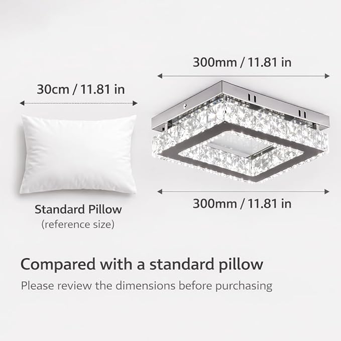 Finktonglan Crystal LED Flush Mount Ceiling Light, 11.8"×9.1" Rectangular Close to Ceiling Light, K9 Crystal & Mirror Stainless Steel, 20W 6000–6500K Cool White, Non-Dimmable