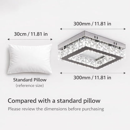 Finktonglan Crystal LED Flush Mount Ceiling Light, 11.8"×9.1" Rectangular Close to Ceiling Light, K9 Crystal & Mirror Stainless Steel, 20W 6000–6500K Cool White, Non-Dimmable