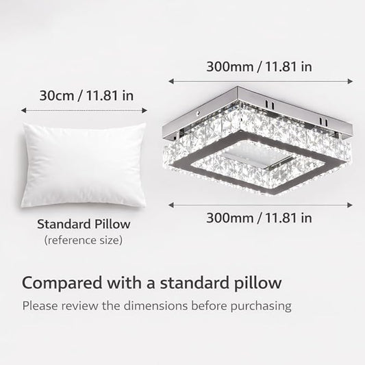 Finktonglan Crystal LED Flush Mount Ceiling Light, 11.8"×9.1" Rectangular Close to Ceiling Light, K9 Crystal & Mirror Stainless Steel, 20W 6000–6500K Cool White, Non-Dimmable