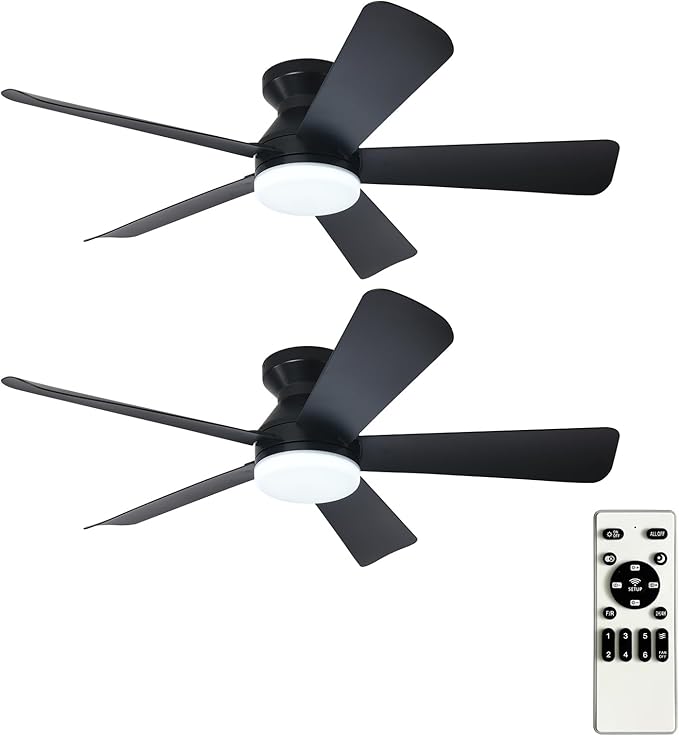 Depuley 42-Inch Ceiling Fans with Lights: Indoor/Outdoor Flush Mount Ceiling Fan with Remote Control - Black 5 Blade Low Profile Fandelier for Kitchen Gazebo - Reversible Quiet Timer - 2 Packs