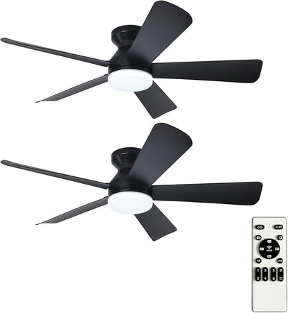 Depuley 42-Inch Ceiling Fans with Lights: Indoor/Outdoor Flush Mount Ceiling Fan with Remote Control - Black 5 Blade Low Profile Fandelier for Kitchen Gazebo - Reversible Quiet Timer - 2 Packs