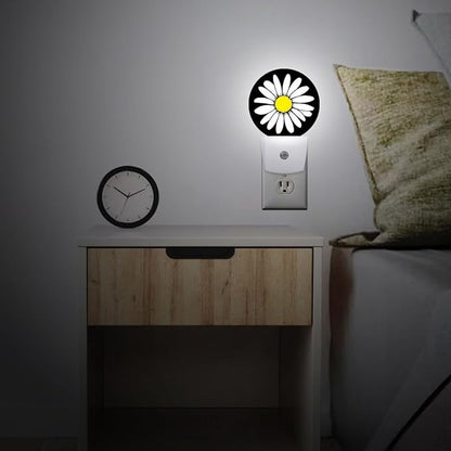 White Daisy Night Light Plug Into Wall Auto Led Sleep Round Lamp for Living Room Hallway Stairs
