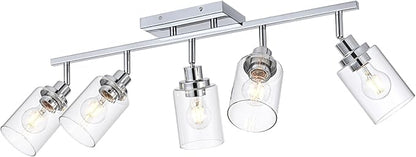 5-Light Track Lighting Kit Ceiling Kitchen Track Lighting Fixtures Chrome Bathroom Vanity Wall Lights with Clear Glass Multi-Directional Rotating Tracking Light Heads Spotlight for Accent Shop