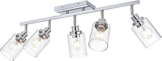 5-Light Track Lighting Kit Ceiling Kitchen Track Lighting Fixtures Chrome Bathroom Vanity Wall Lights with Clear Glass Multi-Directional Rotating Tracking Light Heads Spotlight for Accent Shop