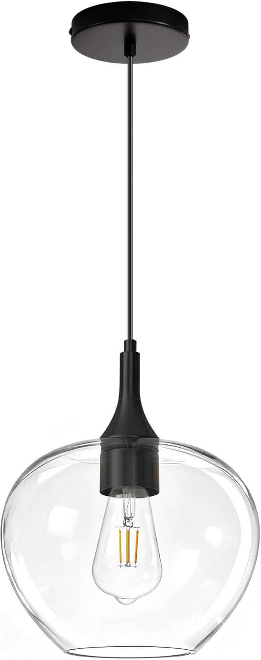 Glass Pendant Lights Kitchen Island, 9.45'' Matte Black Pendant Lighting Fixtures, Modern Hanging Ceiling Light with Clear Glass Shade for Farmhouse Dining Room Bedroom Hallway(1 Pack)